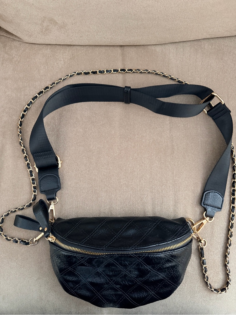 Urban Expressions Black Quilted Leather Crossbody Belt Bag with Gold Chain